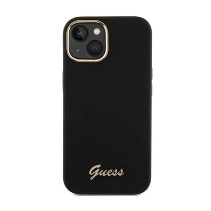 Guess Silikono Scrip with metal Guess logotipu ir rėmeliu - iPhone 15 dėklas (juodas)