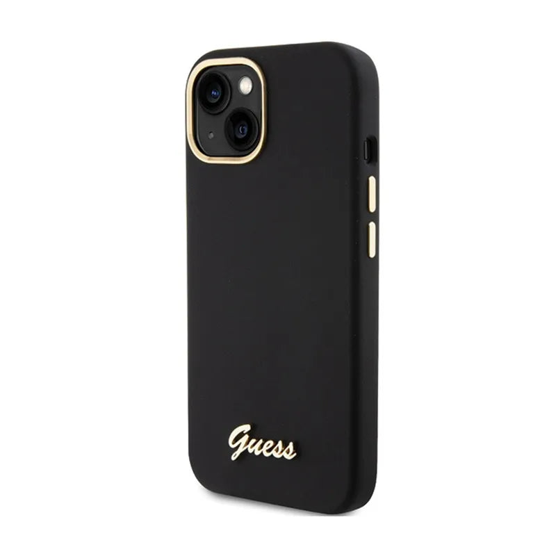 Guess Silikono Scrip with metal Guess logotipu ir rėmeliu - iPhone 15 dėklas (juodas)