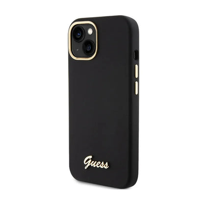Guess Silikono Scrip with metal Guess logotipu ir rėmeliu - iPhone 15 dėklas (juodas)