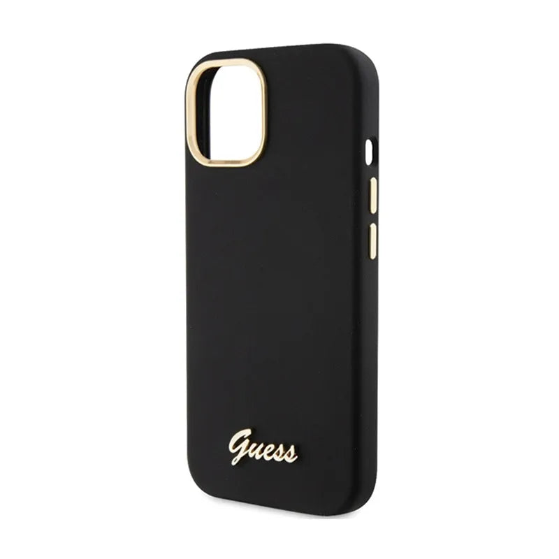 Guess Silikono Scrip with metal Guess logotipu ir rėmeliu - iPhone 15 dėklas (juodas)
