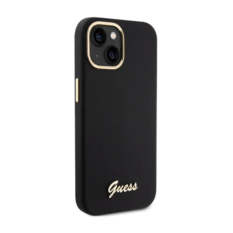 Guess Silikono Scrip with metal Guess logotipu ir rėmeliu - iPhone 15 dėklas (juodas)