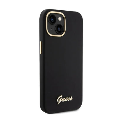 Guess Silikono Scrip with metal Guess logotipu ir rėmeliu - iPhone 15 dėklas (juodas)