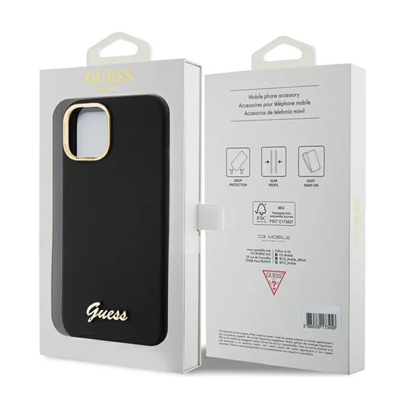 Guess Silikono Scrip with metal Guess logotipu ir rėmeliu - iPhone 15 dėklas (juodas)