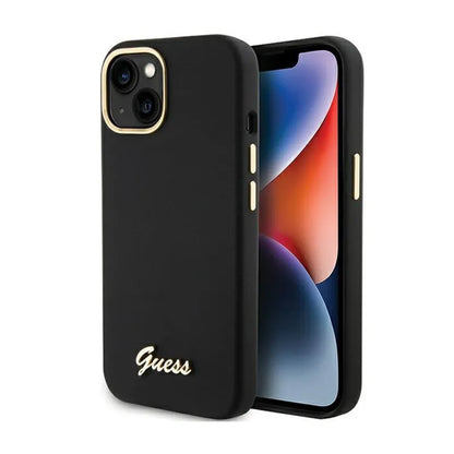 Guess Silikono Scrip with metal Guess logotipu ir rėmeliu - iPhone 15 dėklas (juodas)