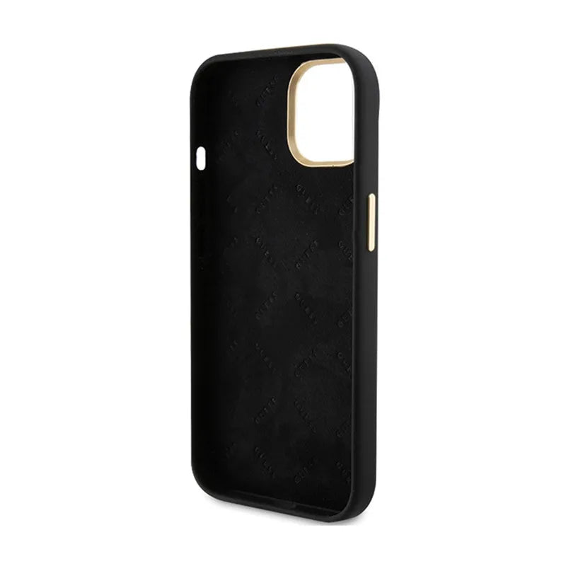 Guess Silikono Scrip with metal Guess logotipu ir rėmeliu - iPhone 15 dėklas (juodas)