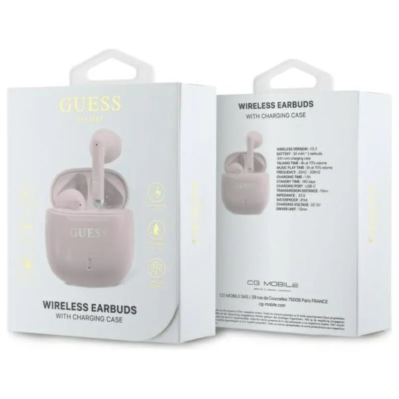 Guess spausdintas klasikinis logotipas – „Bluetooth“ TWS ausinės su įkrovimo dėklu (rožinės)