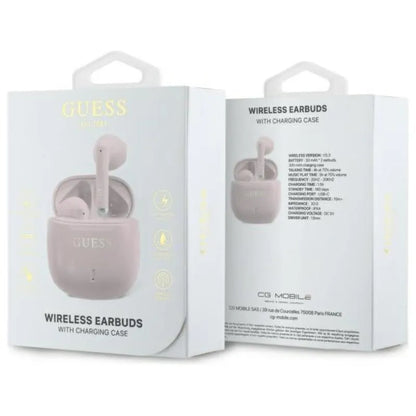 Guess spausdintas klasikinis logotipas – „Bluetooth“ TWS ausinės su įkrovimo dėklu (rožinės)