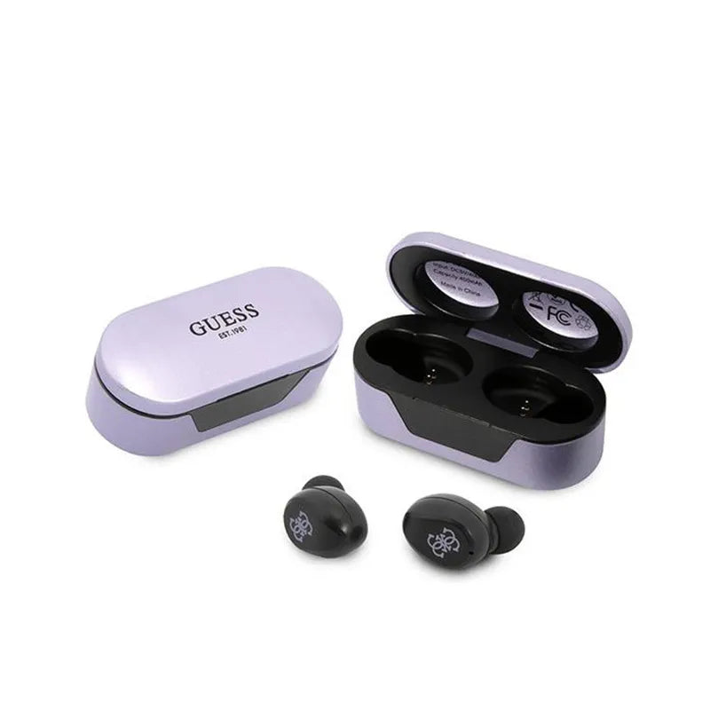 Guess tikrosios belaidės ausinės BT5.0 5 val. – TWS ausinės + įkrovimo dėklas (violetinė)