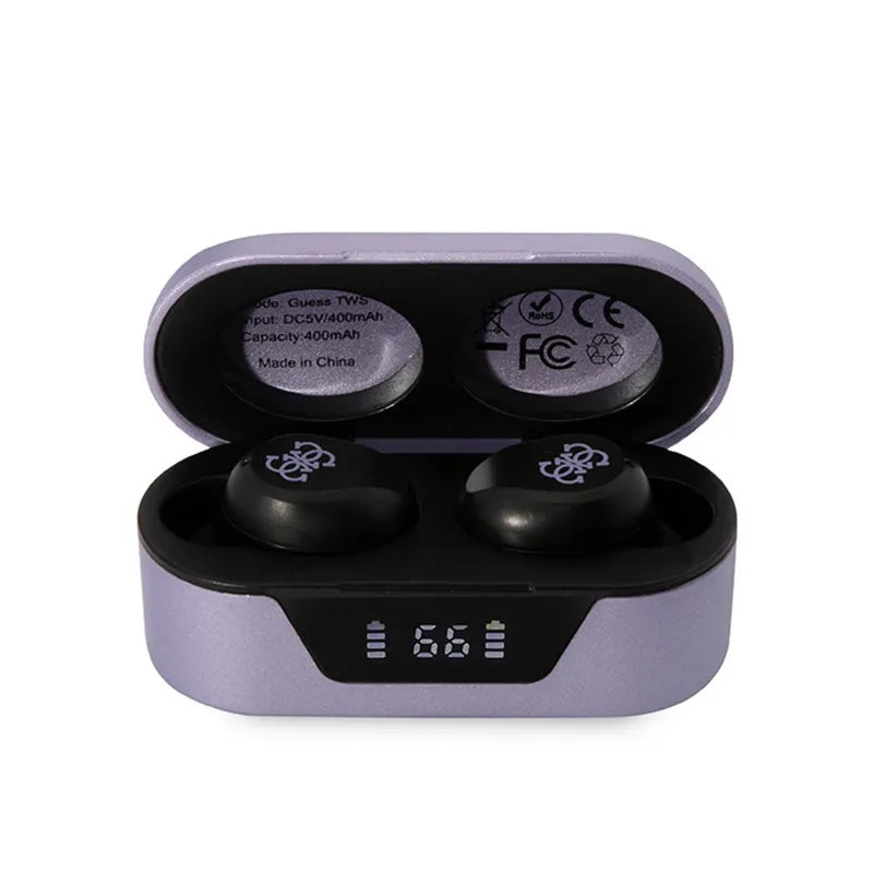 Guess tikrosios belaidės ausinės BT5.0 5 val. – TWS ausinės + įkrovimo dėklas (violetinė)