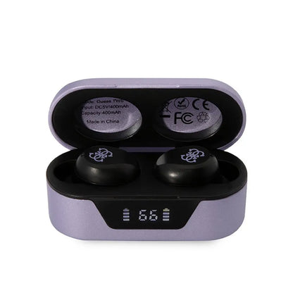 Guess tikrosios belaidės ausinės BT5.0 5 val. – TWS ausinės + įkrovimo dėklas (violetinė)