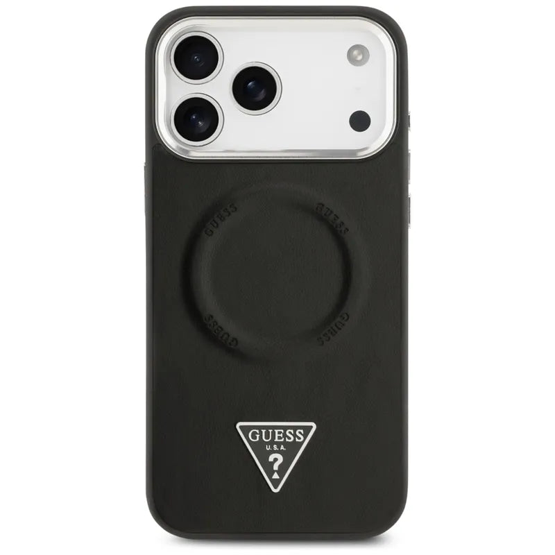 Guess Trikampio logotipo MagSafe dėklas iPhone 17 Pro Max (Juodas)