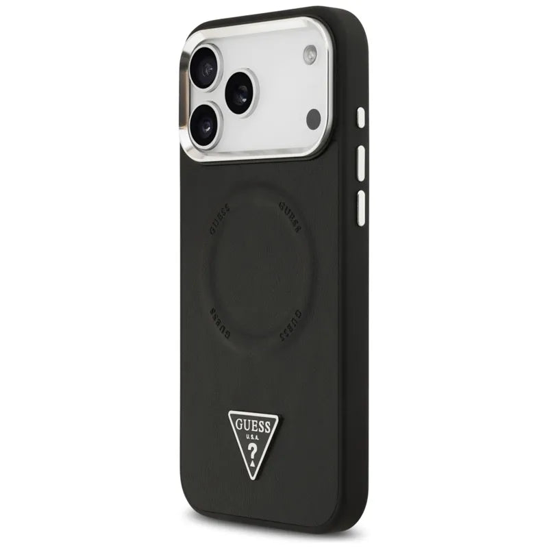 Guess Trikampio logotipo MagSafe dėklas iPhone 17 Pro Max (Juodas)
