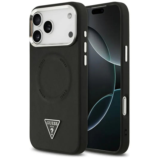 Guess Trikampio logotipo MagSafe dėklas iPhone 17 Pro Max (Juodas)