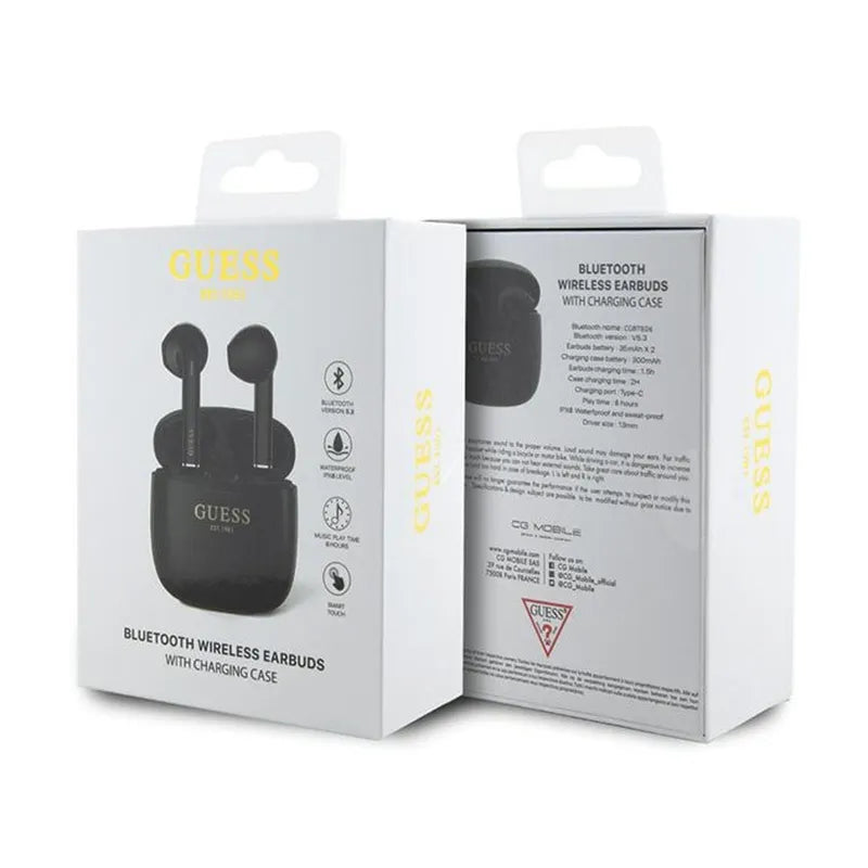 Guess True Wireless Script Logo BT5.3 - TWS ausinės + įkrovimo dėklas (juoda)