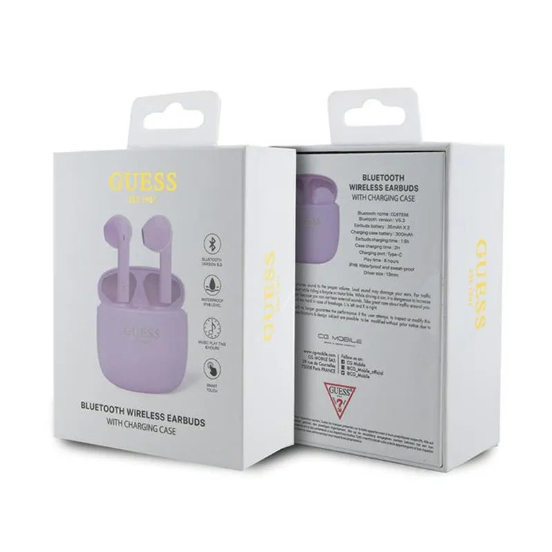 Guess True Wireless Script Logo BT5.3 - TWS ausinės + įkrovimo dėklas (violetinė)