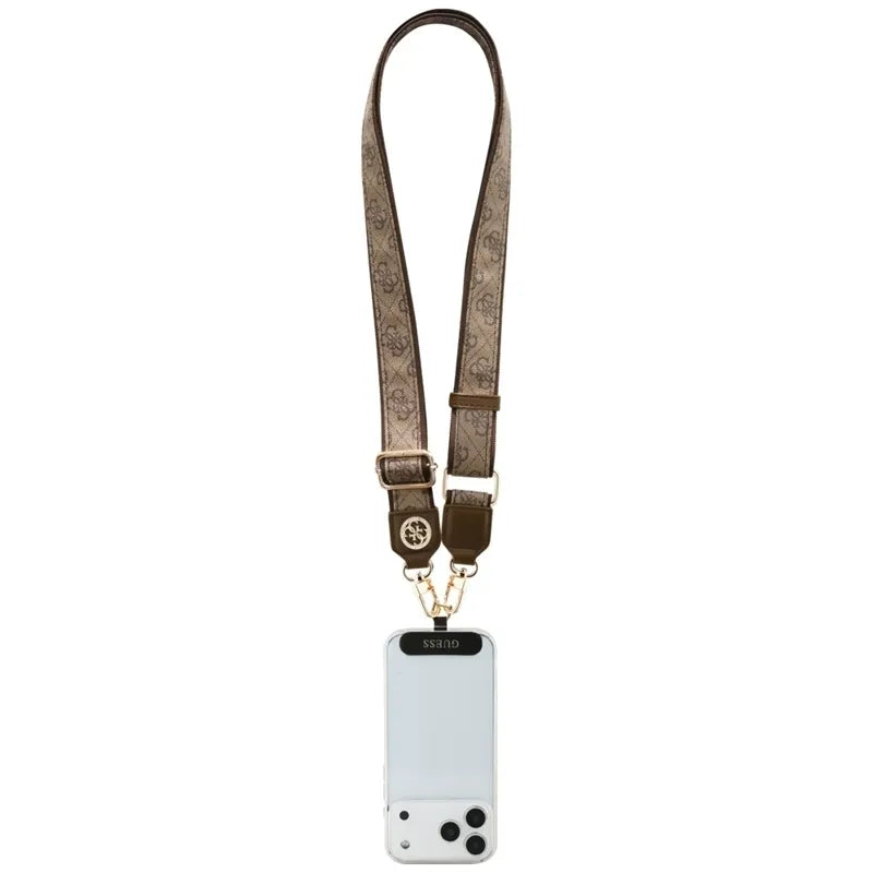 Guess Universal Crossbody Strap 4G tvirtinimo juostelė su straso metalo logotipu - Universalus telefono dirželis / Virvelė (Ruda)