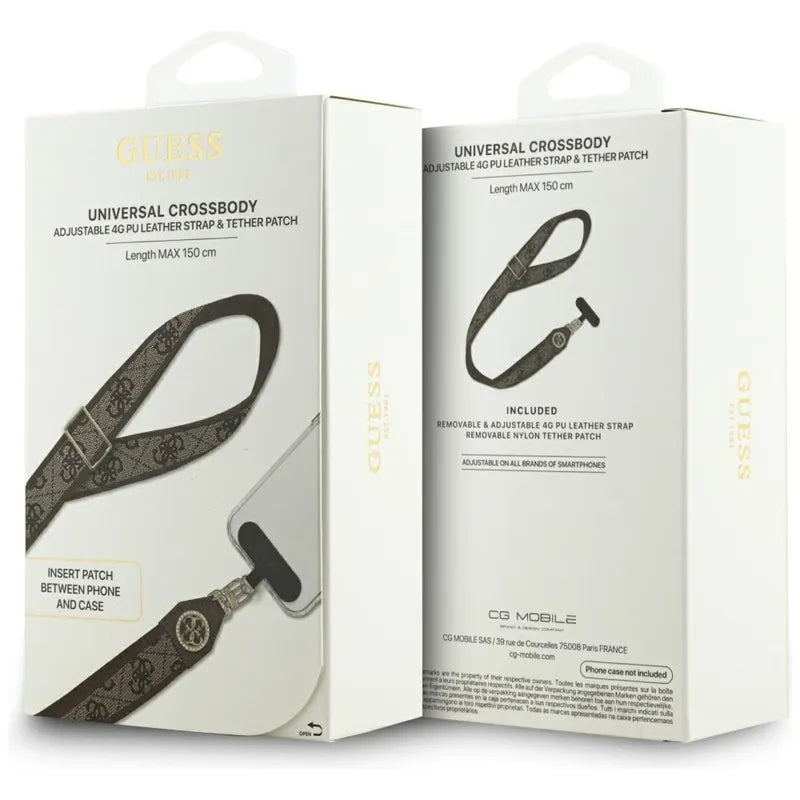 Guess Universal Crossbody Strap 4G tvirtinimo juostelė su straso metalo logotipu - Universalus telefono dirželis / Virvelė (Ruda)