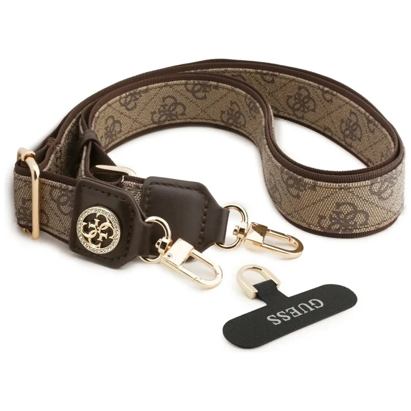 Guess Universal Crossbody Strap 4G tvirtinimo juostelė su straso metalo logotipu - Universalus telefono dirželis / Virvelė (Ruda)