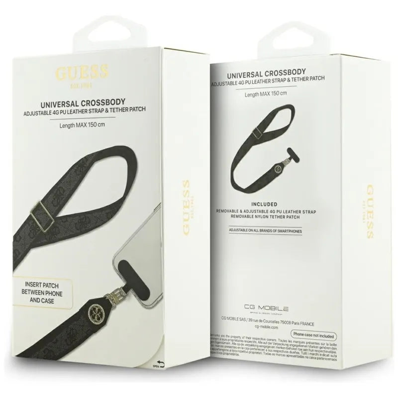 Guess Universal Crossbody Strap 4G tvirtinimo lopelis su blizgučiais ir metaliniu logotipu - Universali telefono dirželis / Dirželis (Juoda)