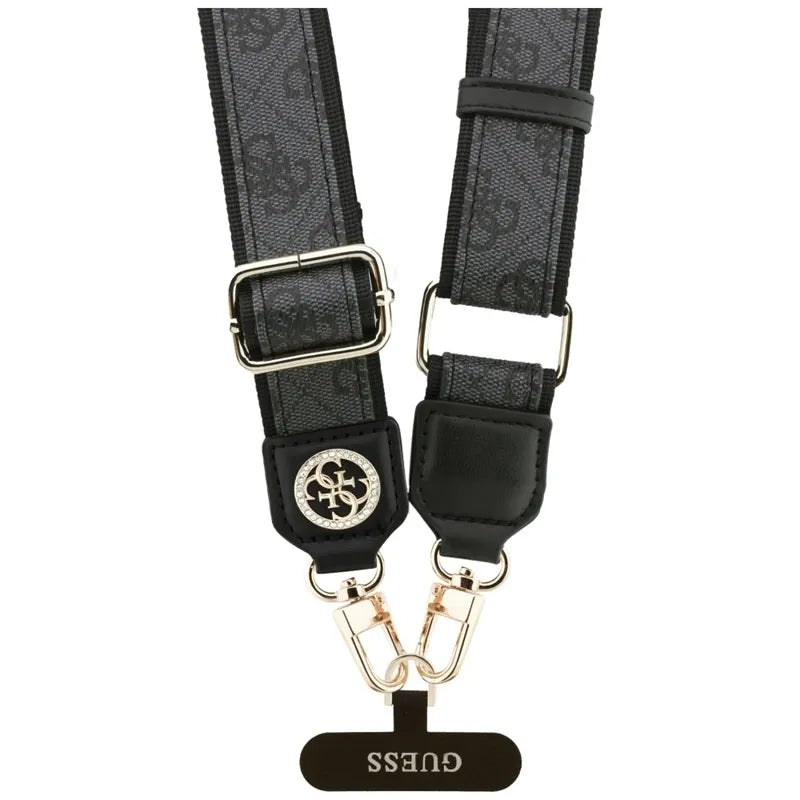 Guess Universal Crossbody Strap 4G tvirtinimo lopelis su blizgučiais ir metaliniu logotipu - Universali telefono dirželis / Dirželis (Juoda)