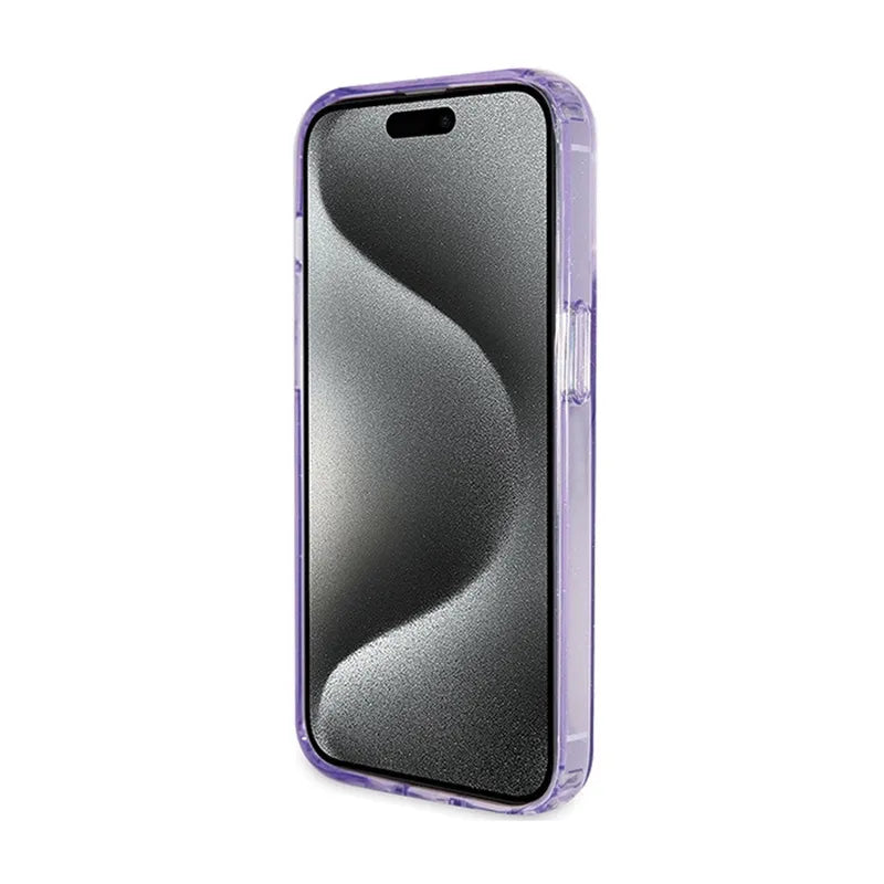 Guess žiedo stovas „Script Glitter MagSafe“ – „iPhone 15 Pro“ dėklas (violetinis)