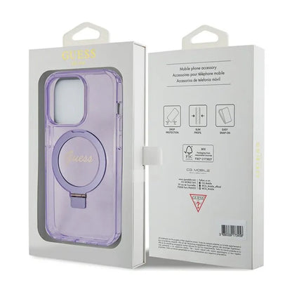 Guess žiedo stovas „Script Glitter MagSafe“ – „iPhone 15 Pro“ dėklas (violetinis)