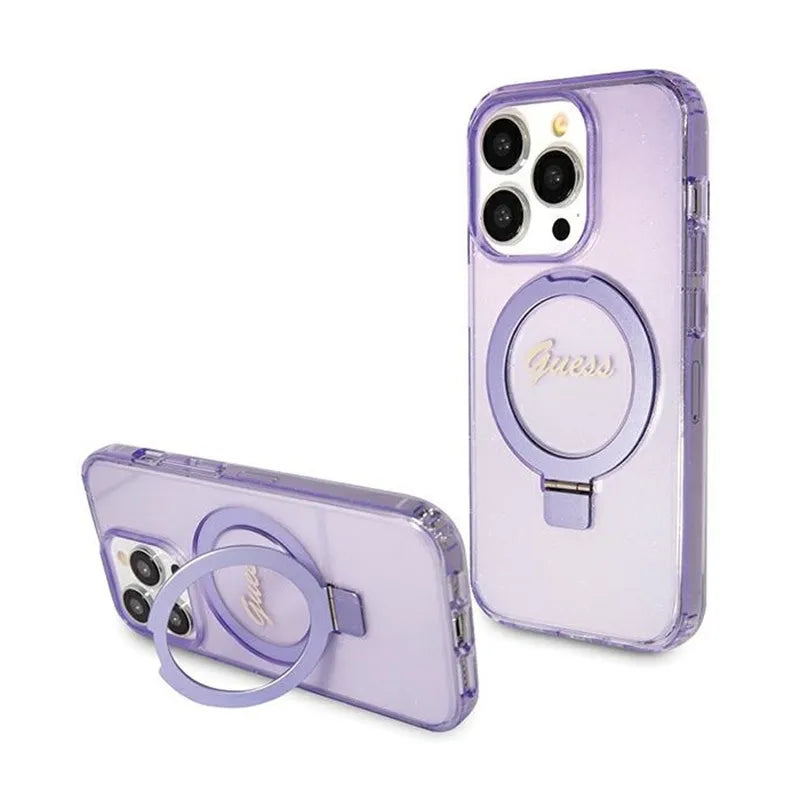 Guess žiedo stovas „Script Glitter MagSafe“ – „iPhone 15 Pro“ dėklas (violetinis)