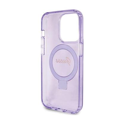 Guess žiedo stovas „Script Glitter MagSafe“ – „iPhone 15 Pro“ dėklas (violetinis)