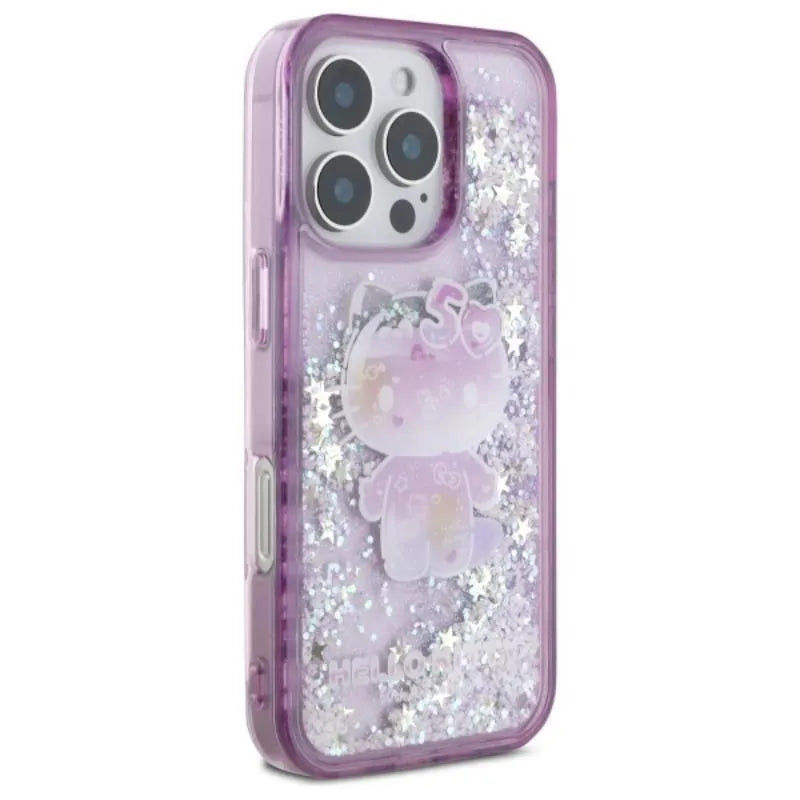 Hello Kitty Liquid Glitter 50-mečio vakarėlis – dėklas iPhone 16 Pro (violetinis)