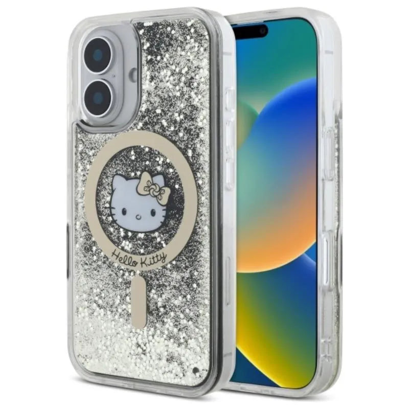 Hello Kitty Liquid Glitter Fever MagSafe - dėklas, skirtas iPhone 16 (juoda/auksinė)