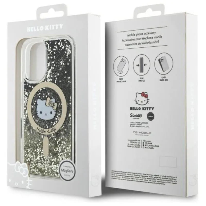 Hello Kitty Liquid Glitter Fever MagSafe - dėklas, skirtas iPhone 16 (juoda/auksinė)