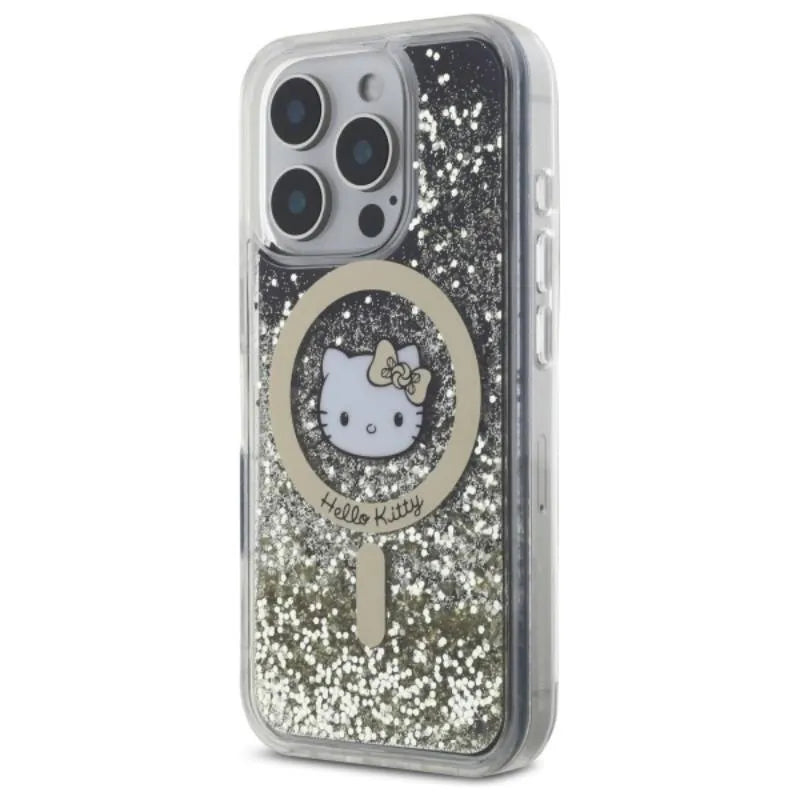 Hello Kitty Liquid Glitter Fever MagSafe – dėklas, skirtas iPhone 16 Pro Max (juoda/auksinė)