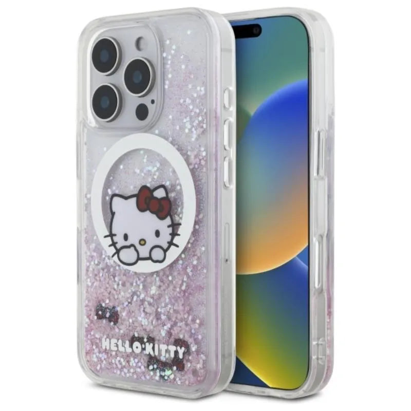 Hello Kitty Liquid Glitter Sweet Kitty Bows MagSafe – dėklas, skirtas iPhone 16 Pro Max (baltas)