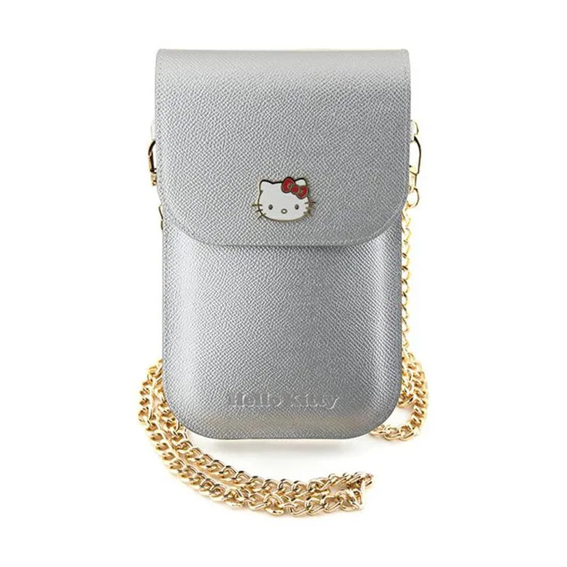 Hello Kitty Odinė rankinė telefonui per petį su metalinės grandinėlės logotipu (sidabrinė)