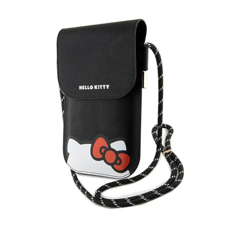„Hello Kitty“ odos slepiančios katės virvelė – telefono rankinė ant peties (juoda)