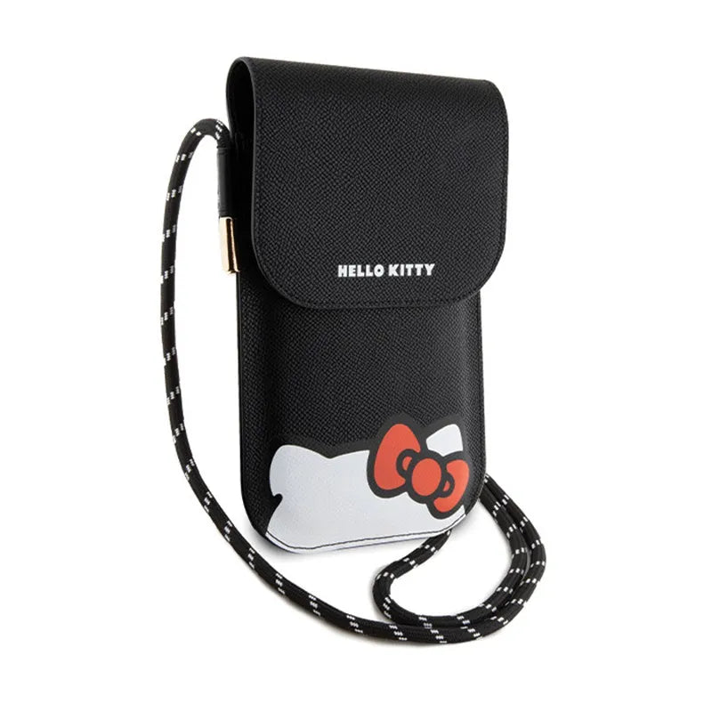 „Hello Kitty“ odos slepiančios katės virvelė – telefono rankinė ant peties (juoda)