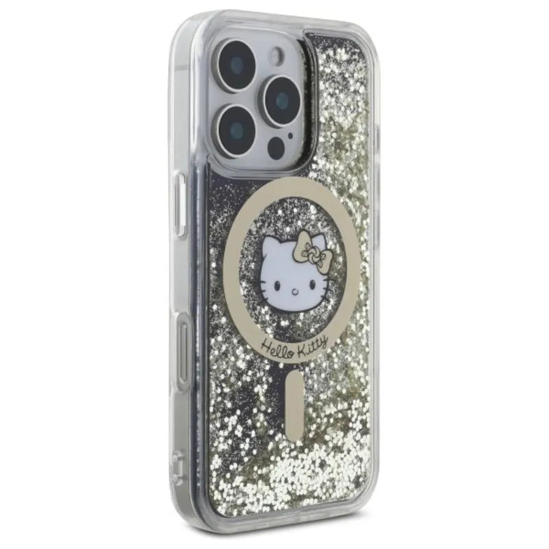 Hello Kitty skystantis blizgučių karštligė MagSafe – dėklas, skirtas iPhone 16 Pro (juoda/auksinė)