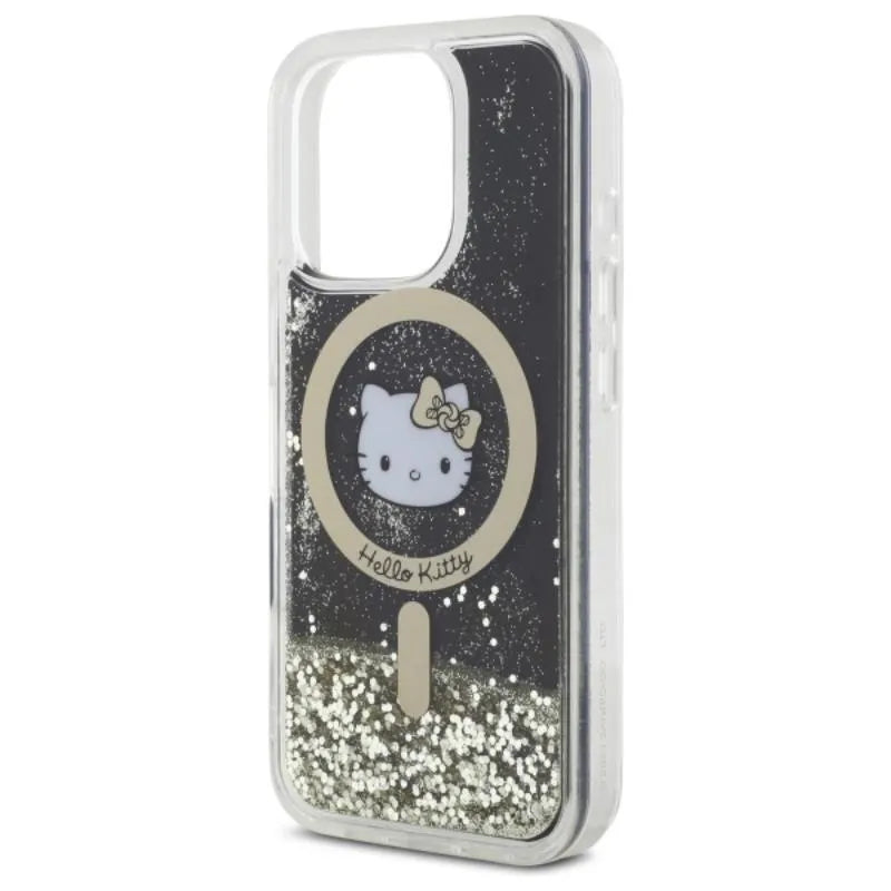 Hello Kitty skystantis blizgučių karštligė MagSafe – dėklas, skirtas iPhone 16 Pro (juoda/auksinė)