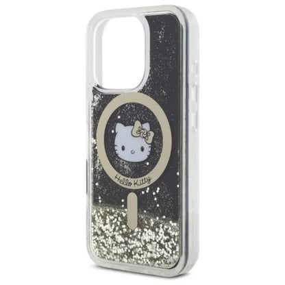 Hello Kitty skystantis blizgučių karštligė MagSafe – dėklas, skirtas iPhone 16 Pro (juoda/auksinė)