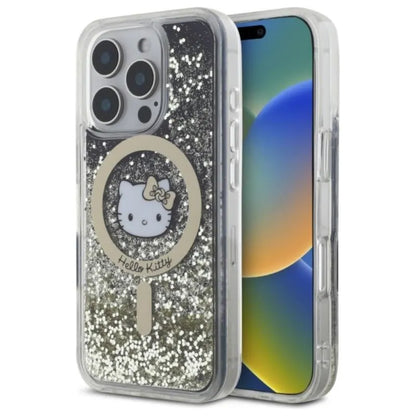 Hello Kitty skystantis blizgučių karštligė MagSafe – dėklas, skirtas iPhone 16 Pro (juoda/auksinė)
