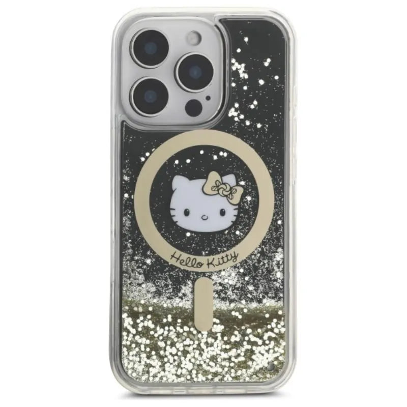 Hello Kitty skystantis blizgučių karštligė MagSafe – dėklas, skirtas iPhone 16 Pro (juoda/auksinė)