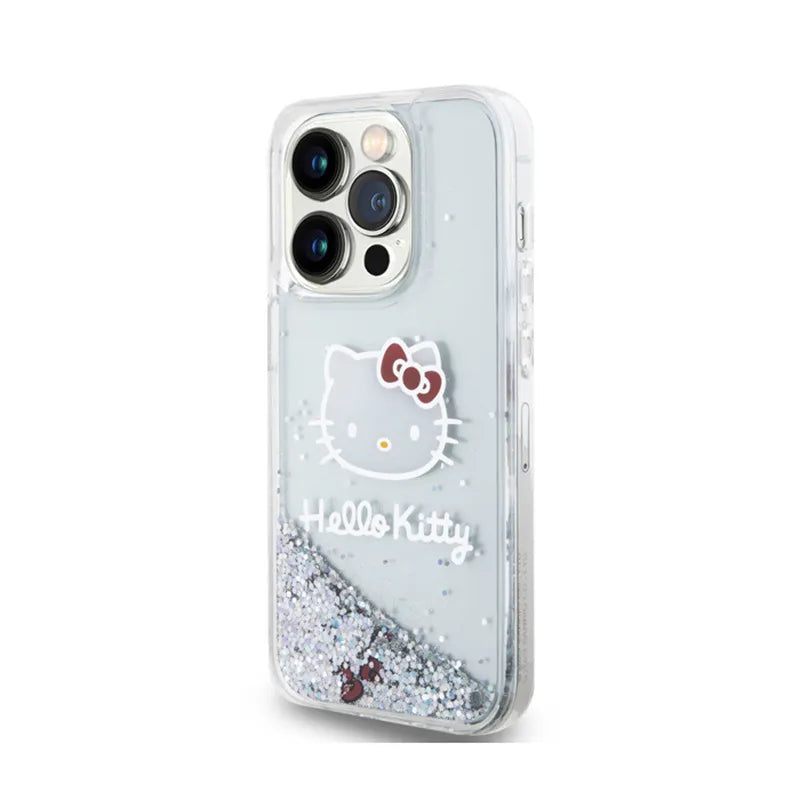 Hello Kitty skystantys blizgučiai, katės galva – iPhone 14 Pro dėklas (sidabrinis)