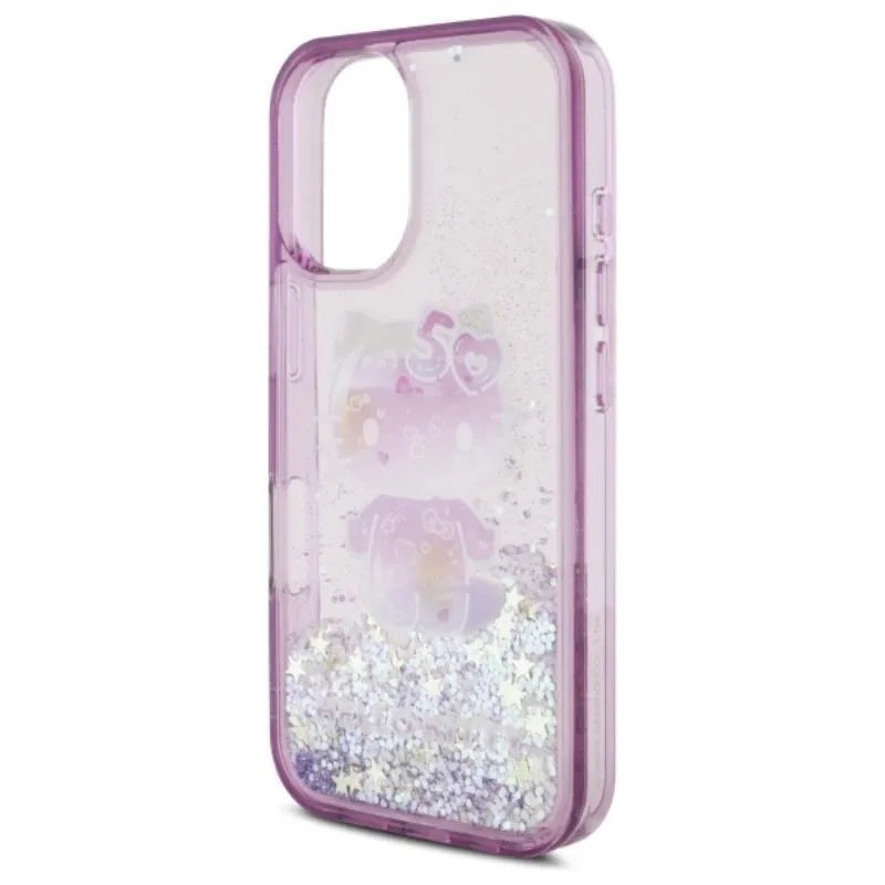 Hello Kitty skysti blizgučiai 50-ojo jubiliejaus vakarėlis – dėklas, skirtas iPhone 16 (violetinis)