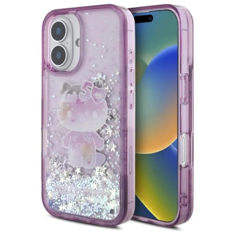 Hello Kitty skysti blizgučiai 50-ojo jubiliejaus vakarėlis – dėklas, skirtas iPhone 16 (violetinis)