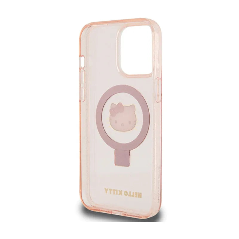 Hello Kitty žiedinis stovas su blizgučiais ir Electrop logotipu, skirtas MagSafe – dėklas iPhone 15 Pro Max (rožinis)