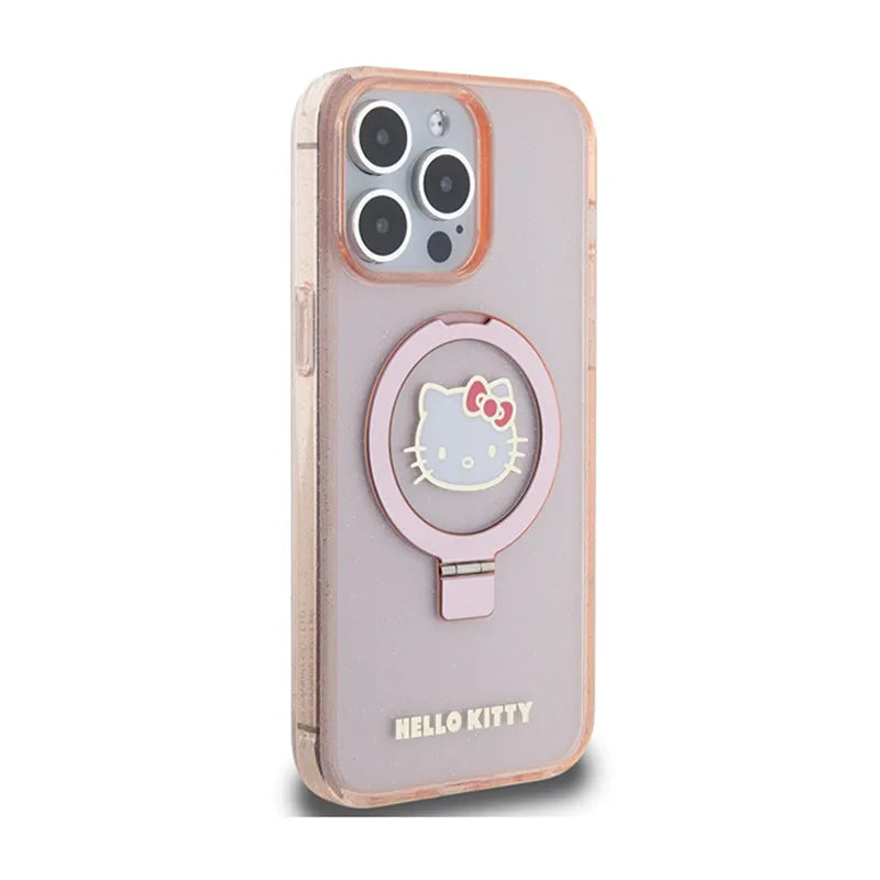 Hello Kitty žiedinis stovas su blizgučiais ir Electrop logotipu, skirtas MagSafe – dėklas iPhone 15 Pro Max (rožinis)