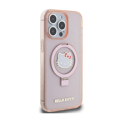 Hello Kitty žiedinis stovas su blizgučiais ir Electrop logotipu, skirtas MagSafe – dėklas iPhone 15 Pro Max (rožinis)