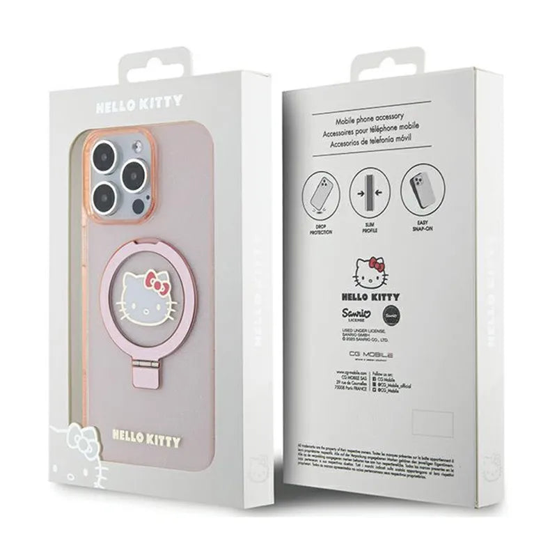 Hello Kitty žiedinis stovas su blizgučiais ir Electrop logotipu, skirtas MagSafe – dėklas iPhone 15 Pro Max (rožinis)
