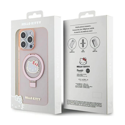Hello Kitty žiedinis stovas su blizgučiais ir Electrop logotipu, skirtas MagSafe – dėklas iPhone 15 Pro Max (rožinis)
