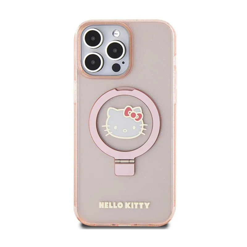 Hello Kitty žiedinis stovas su blizgučiais ir Electrop logotipu, skirtas MagSafe – dėklas iPhone 15 Pro Max (rožinis)